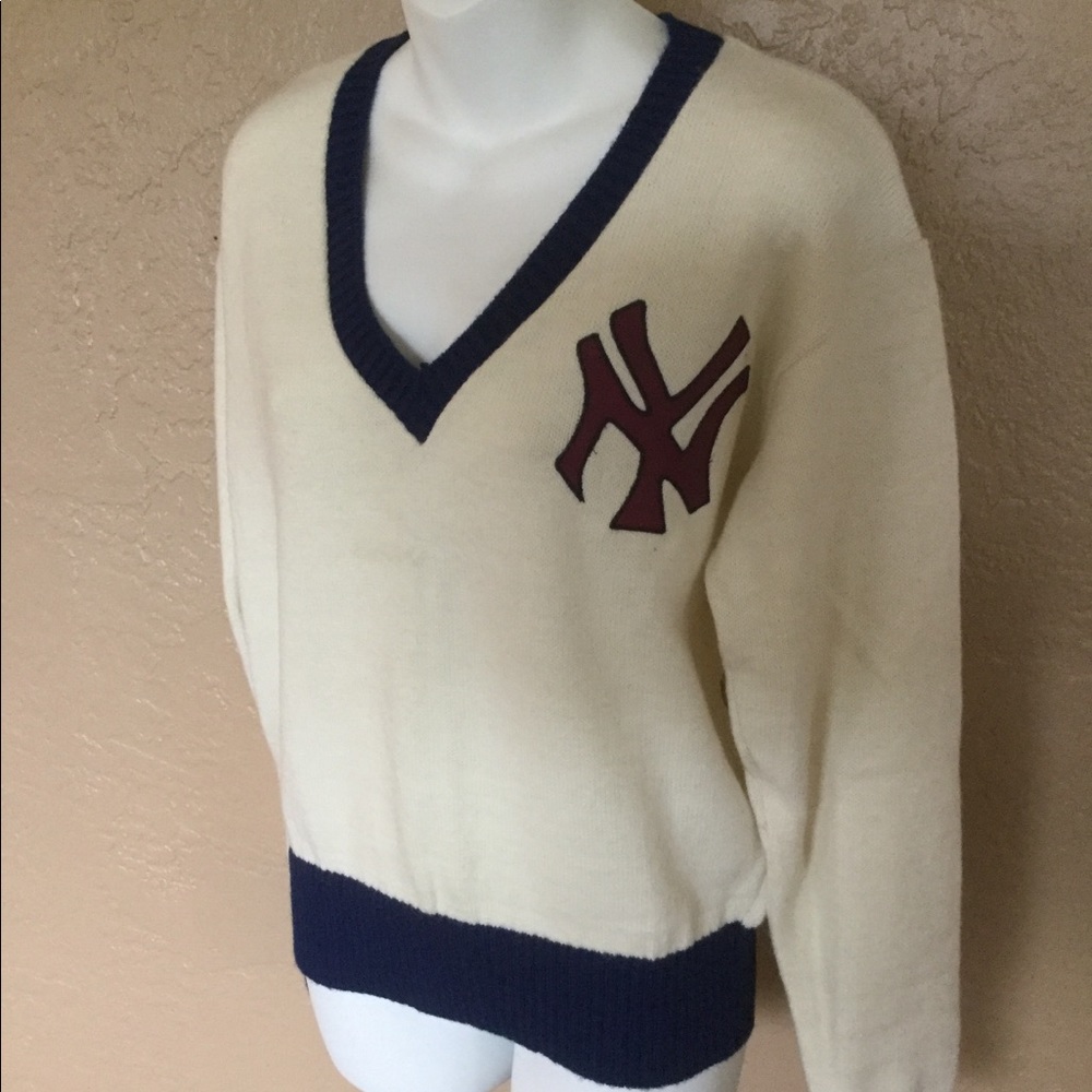 Yankee Vintage Cream V-Neck Sweater with Navy Trim and Maroon Logo-1 of a kind